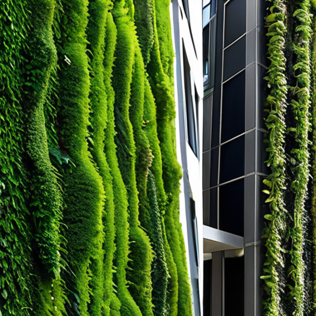 **

A lush vertical garden cascading down the side of a modern building in Madrid, resembling a green waterfall. Various plant species are thriving, showcasing biodiversity in an urban environment.

**