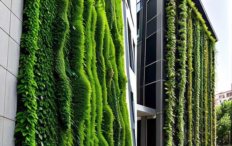 **
A lush vertical garden cascading down the side of a modern building in Madrid, resembling a green waterfall. Various plant species are thriving, showcasing biodiversity in an urban environment.
**