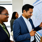 A diverse group of urban planners and community members, fully clothed in professional and modest attire, actively engaged in a collaborative workshop within a bright, modern community center. They are looking at maps and digital displays, discussing ideas for urban revitalization. The atmosphere is positive and engaged, emphasizing co-creation and citizen dialogue. The background shows design sketches and diagrams related to urban planning. Perfect anatomy, correct proportions, natural pose, well-formed hands, proper finger count. Professional photography, high quality, safe for work, appropriate content, family-friendly.
