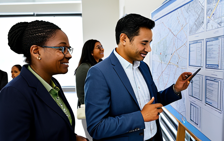 A diverse group of urban planners and community members, fully clothed in professional and modest attire, actively engaged in a collaborative workshop within a bright, modern community center. They are looking at maps and digital displays, discussing ideas for urban revitalization. The atmosphere is positive and engaged, emphasizing co-creation and citizen dialogue. The background shows design sketches and diagrams related to urban planning. Perfect anatomy, correct proportions, natural pose, well-formed hands, proper finger count. Professional photography, high quality, safe for work, appropriate content, family-friendly.