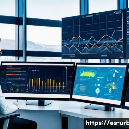 Home 33 스마트그리드 도시 적용 - A vibrant urban smart grid control center in a modern Spanish city, featuring large digital screens ...