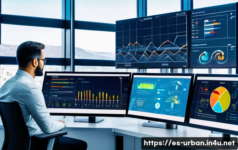 스마트그리드 도시 적용 - A vibrant urban smart grid control center in a modern Spanish city, featuring large digital screens ...