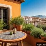 Home 23 도시농업과 녹색도시 - A vibrant urban balcony garden in a Mediterranean city setting, featuring an array of lush green pla...