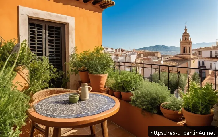도시농업과 녹색도시 - A vibrant urban balcony garden in a Mediterranean city setting, featuring an array of lush green pla...