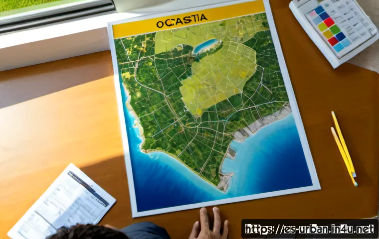 토지이용계획 - Photorealistic overhead view of a Spanish land-use planning consultation, an urban planner and a cou...
