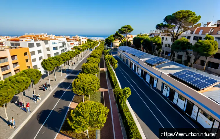 Home 17 지속가능한 도시개발 목표 SDGs - Photorealistic wide-angle view of a sustainable Spanish-speaking coastal city neighborhood at golden...